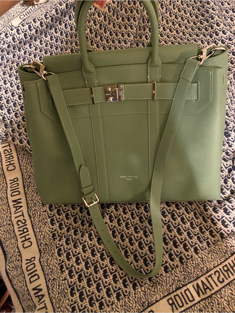 Louis Vuitton Inspired Green Leather Satchel with Detachable Strap